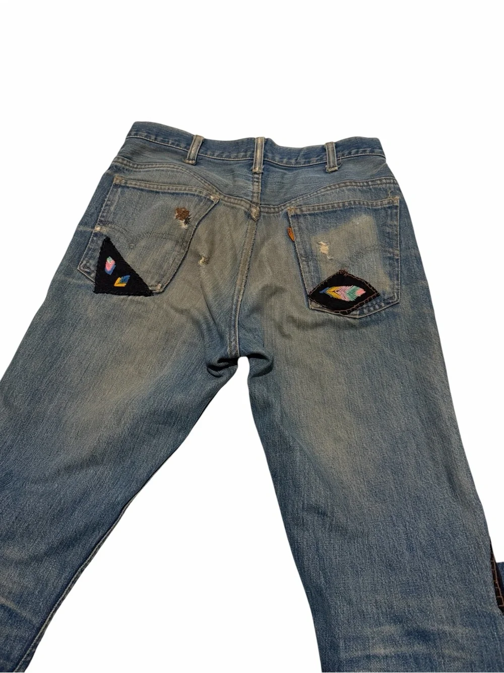 Levi's big E Blue Flare Jeans with Embroidered Knee Patches, pre-owned